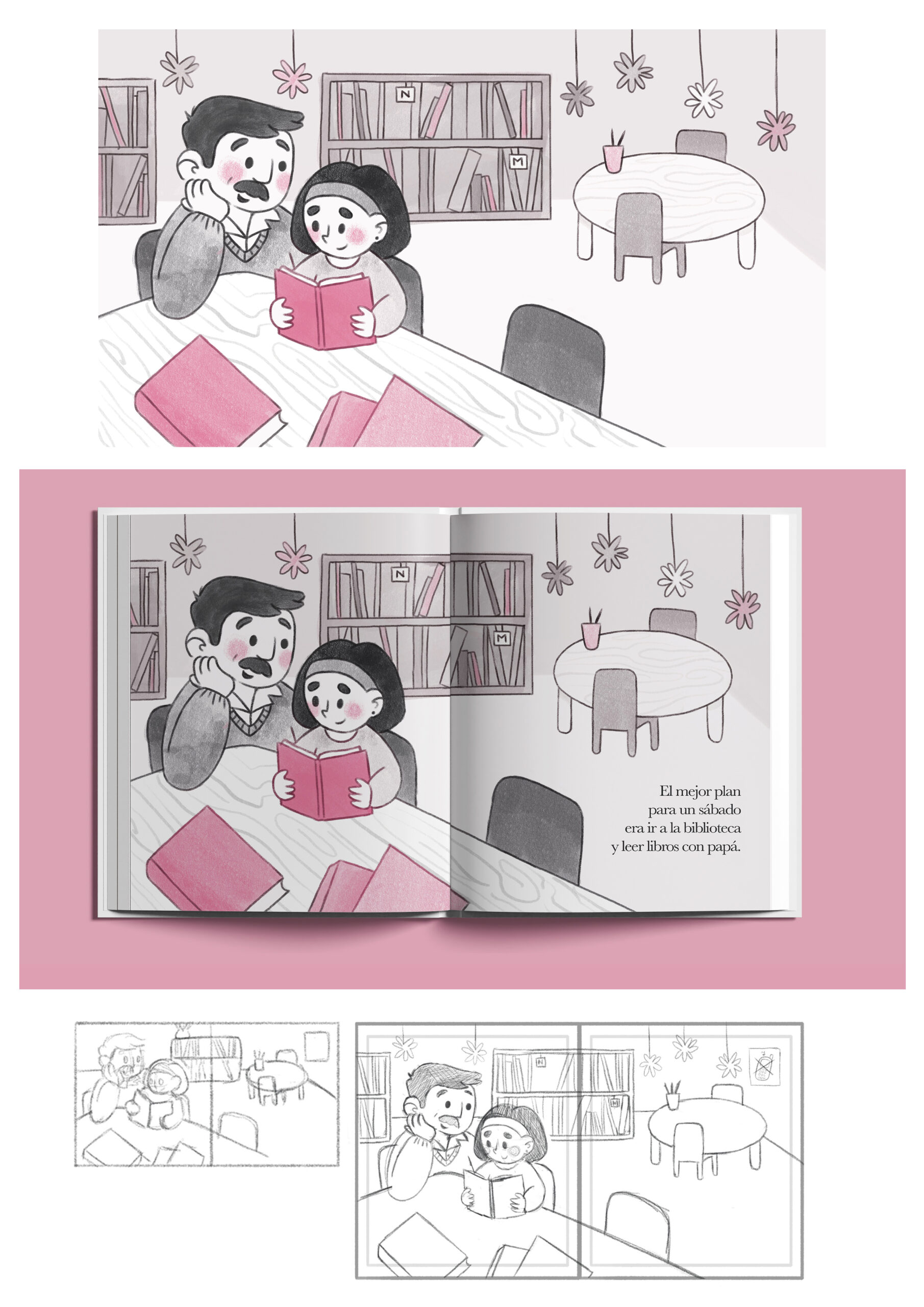 Ilustración para cuento infantil de una escena a dos colores de un padre y su hija leyendo un libro en una biblioteca