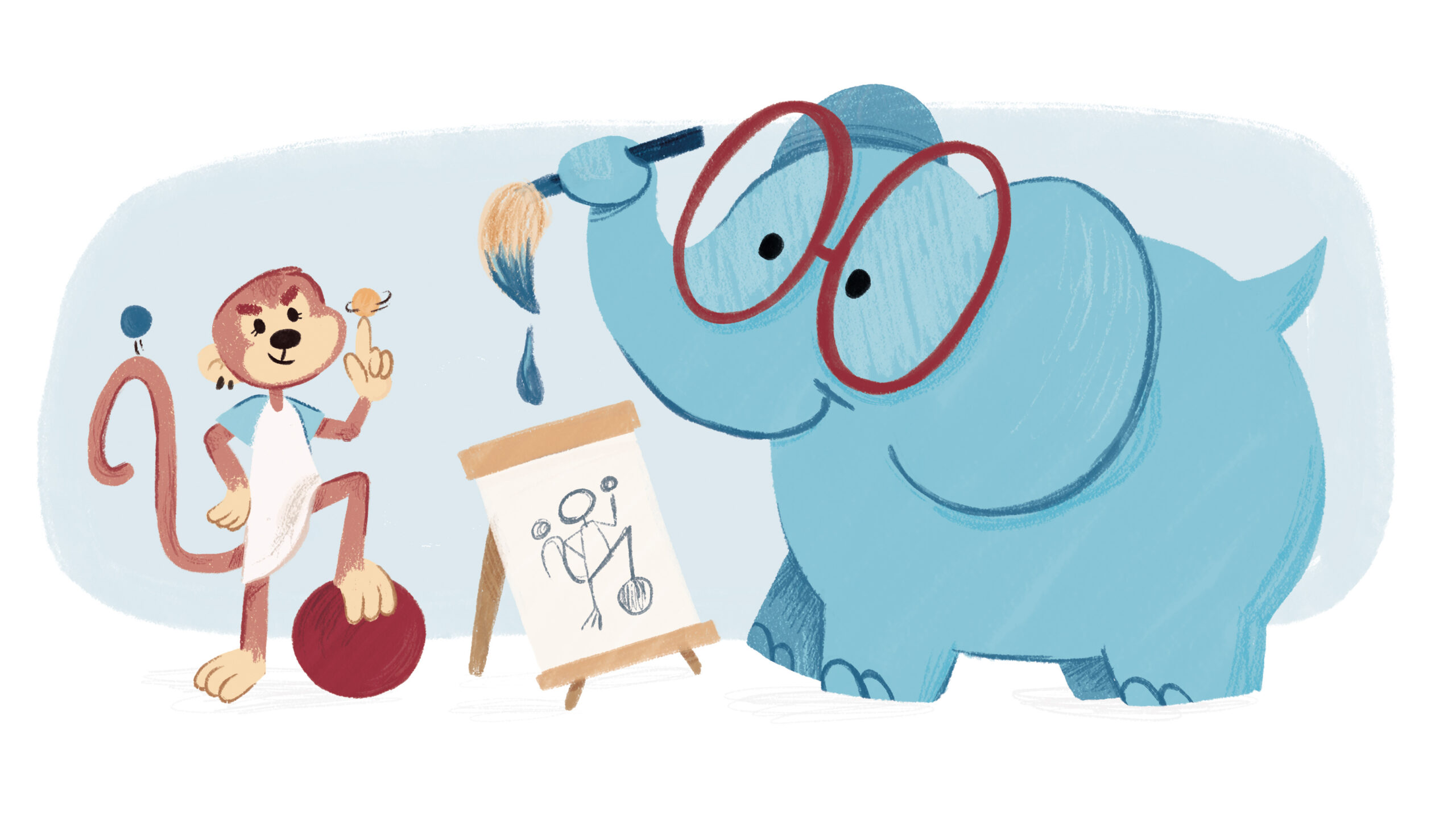 Ilustración infantil para cuento ilustrado en la que aparecen un elefante azul con gafas rojas al que le encanta pintar y un mono deportista jugando con muchas pelotas