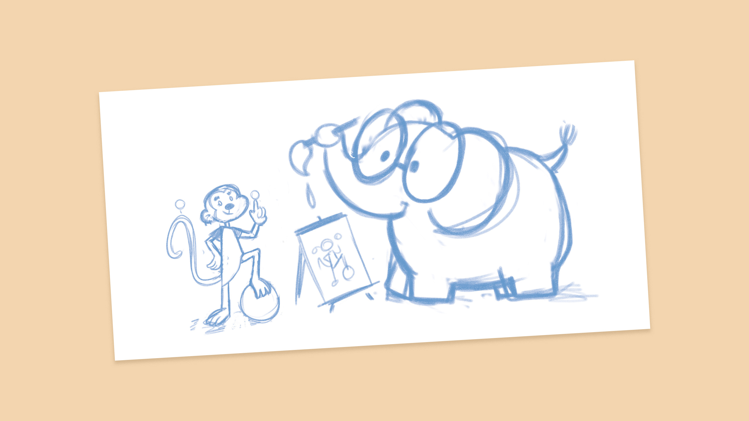 Boceto de una ilustración infantil para cuento ilustrado en la que aparecen un elefante azul con gafas rojas al que le encanta pintar y un mono deportista jugando con muchas pelotas
