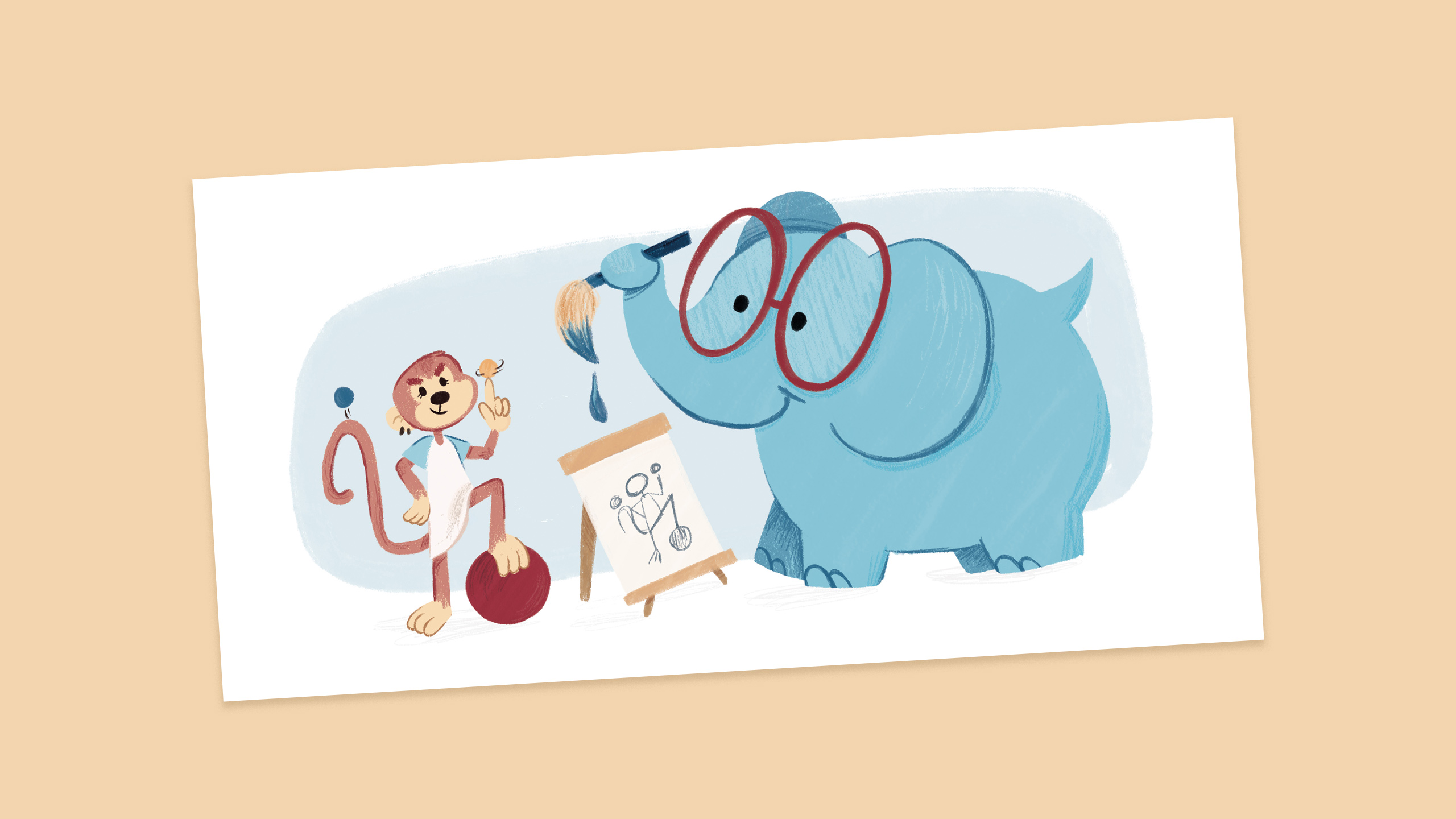 Ilustración infantil para cuento ilustrado en la que aparecen un elefante azul con gafas rojas al que le encanta pintar y un mono deportista jugando con muchas pelotas