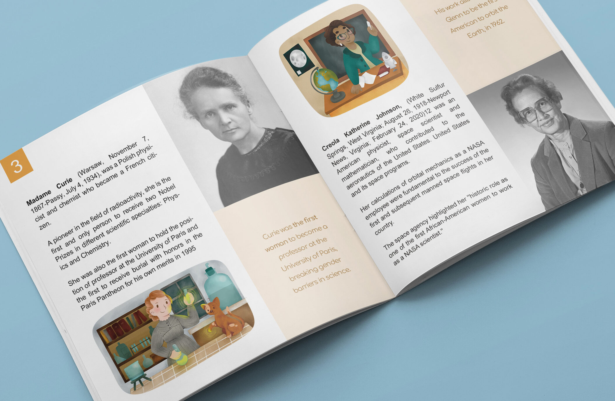 Mockup de un proyecto de ilustración infantil didáctico sobre las científicas Marie Curie i Katherine Johnson. Las ilustraciones de ambas complementan el texto informativo.