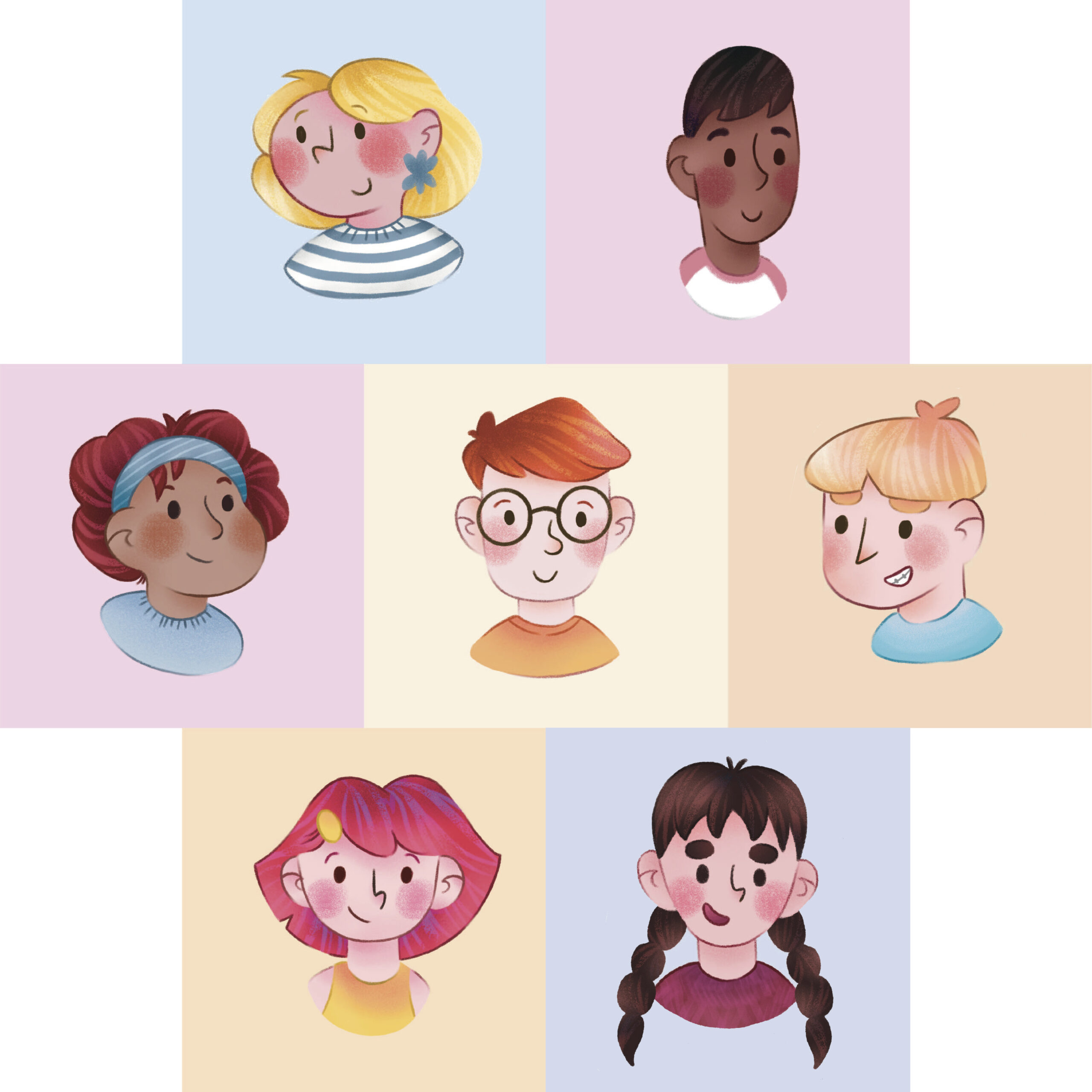 Mosaico de ilustraciones infantiles para cuento ilustrado. Aparecen un grupo de niños destacando la diversidad que hay entre ellos