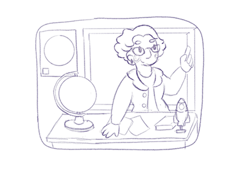 boceto de una ilustración infantil para libro de ciencias de la científia de la NASA Katherine Johnson dando una clase