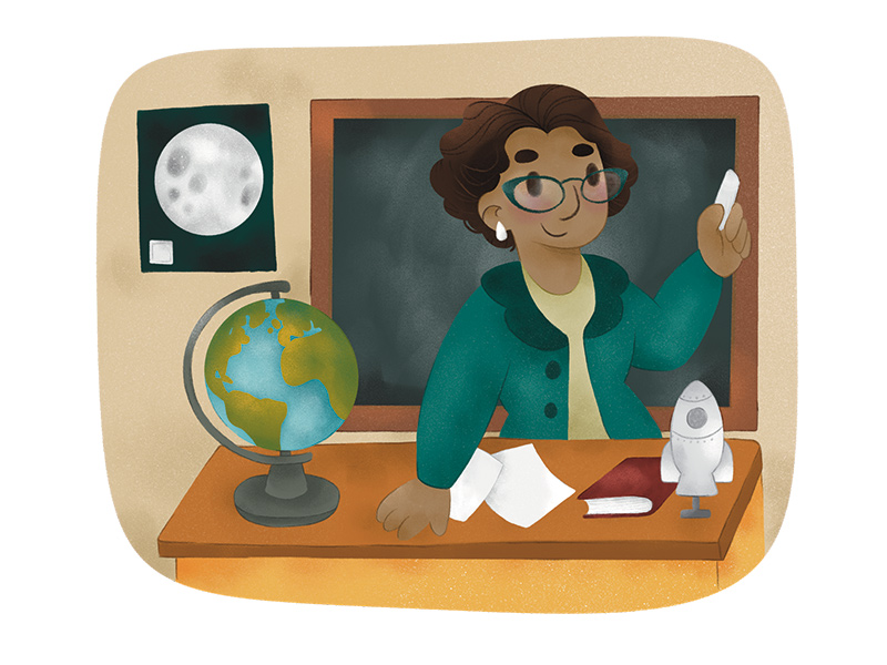 Ilustración infantil para libro de ciencias de la científia de la NASA Katherine Johnson dando una clase