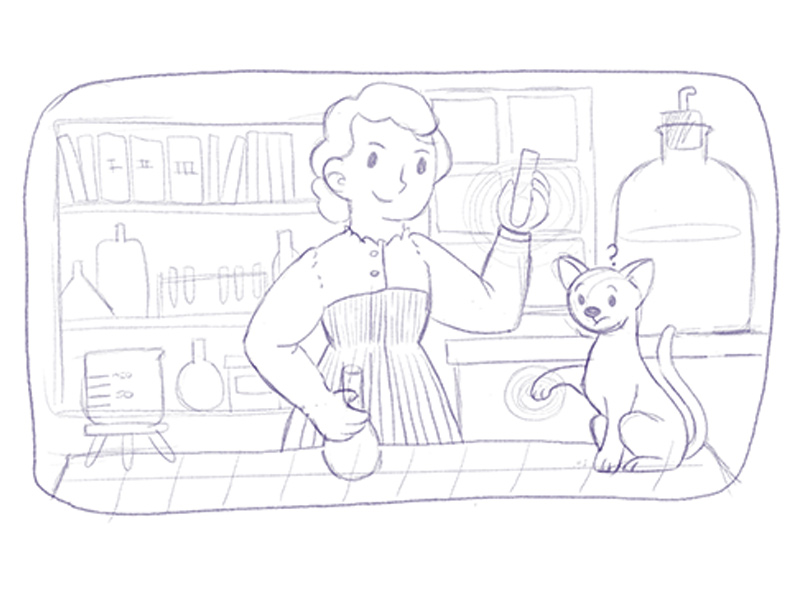 Ilustración infantil para libro de ciencias de Marie Curie haciendo experimentos en su laboratorio acompañada de un gato