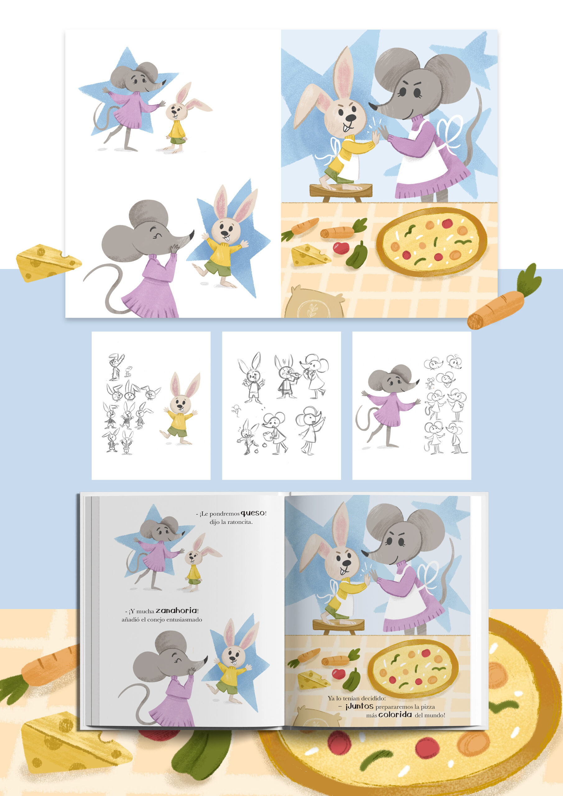 Pliego para cuento ilustrado sobre un conejo y un ratón que preparan una pizza