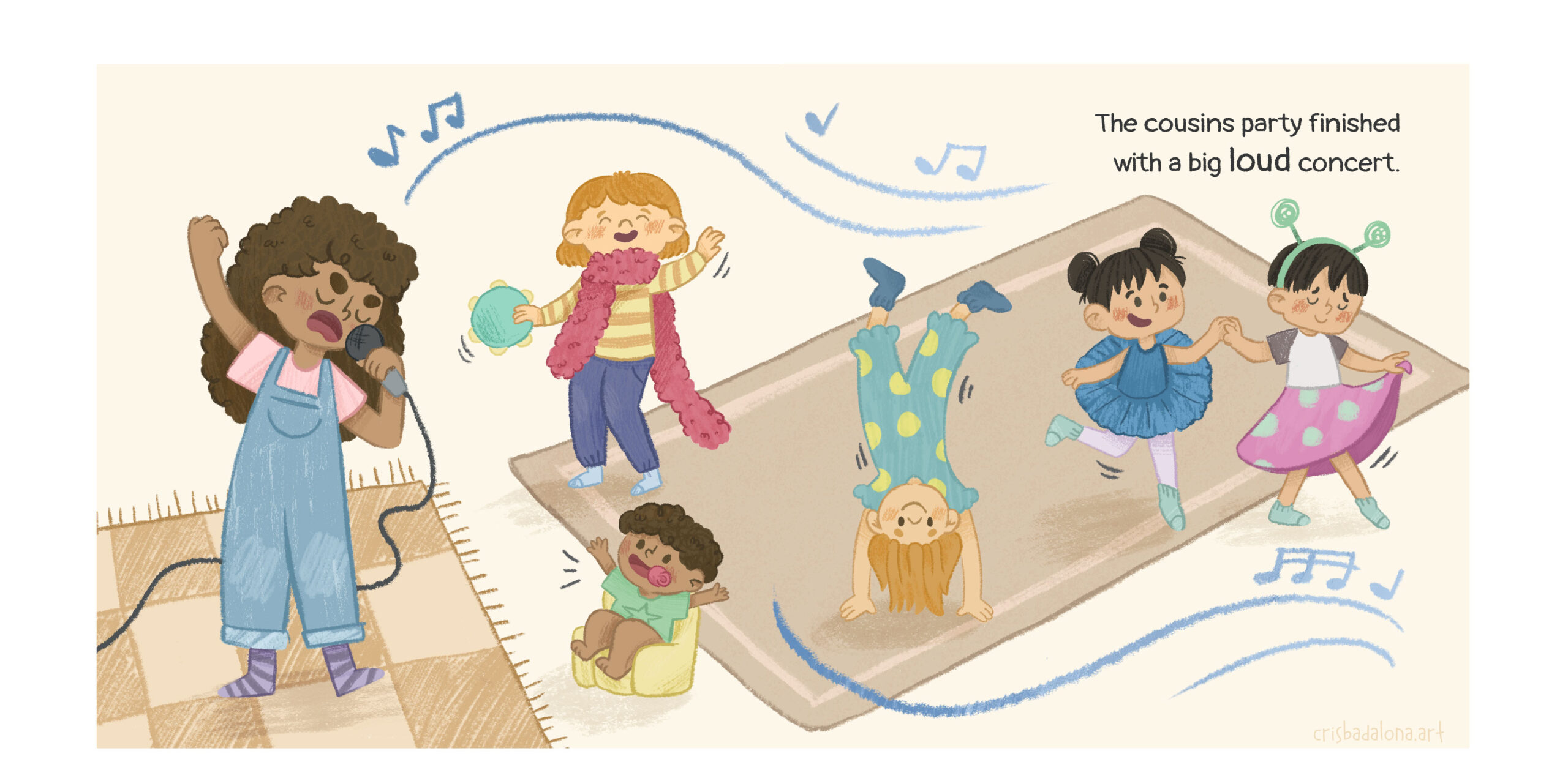 Ilustración de unos niños de diferentes edades cantando y bailando