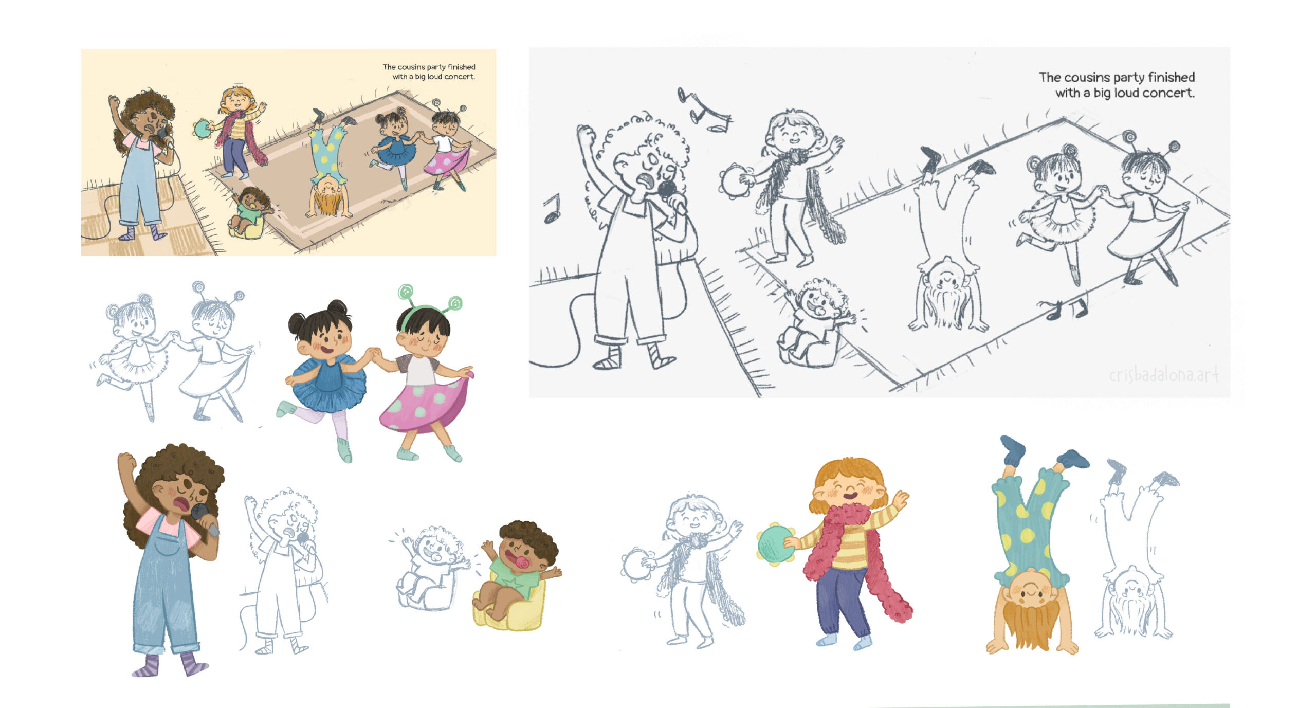 Bocetos y prueba de color de una ilustración de unos niños cantando y bailando