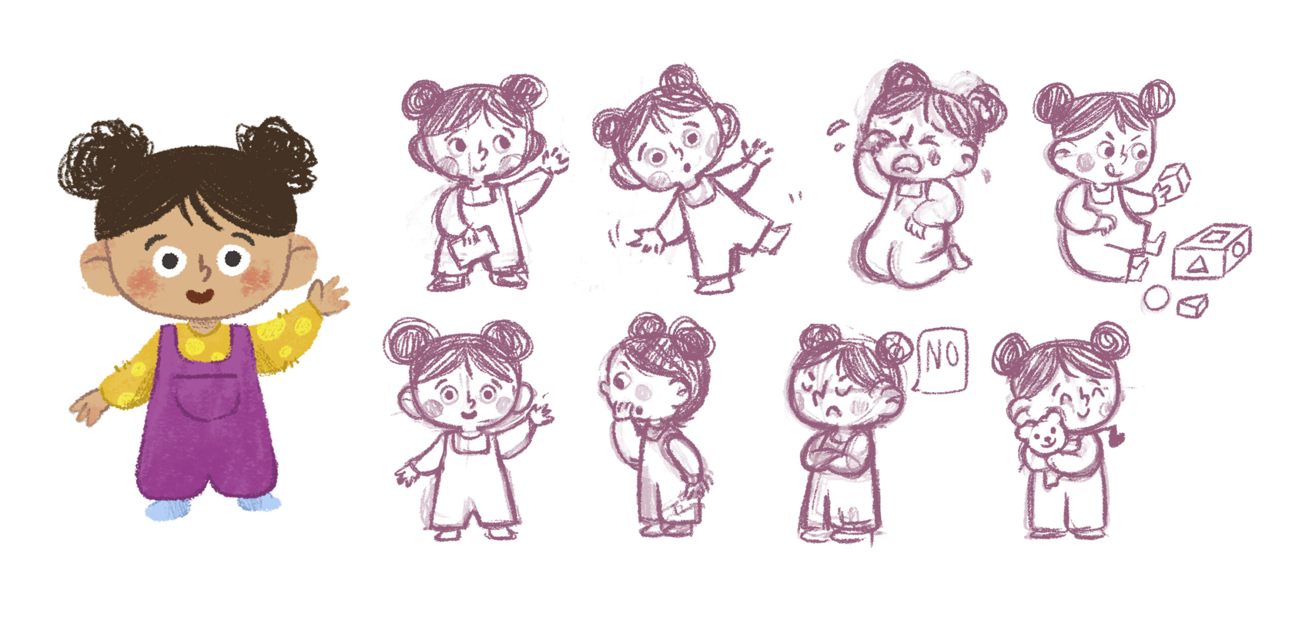 Diseño de personaje de una niña con diferentes poses y expresiones