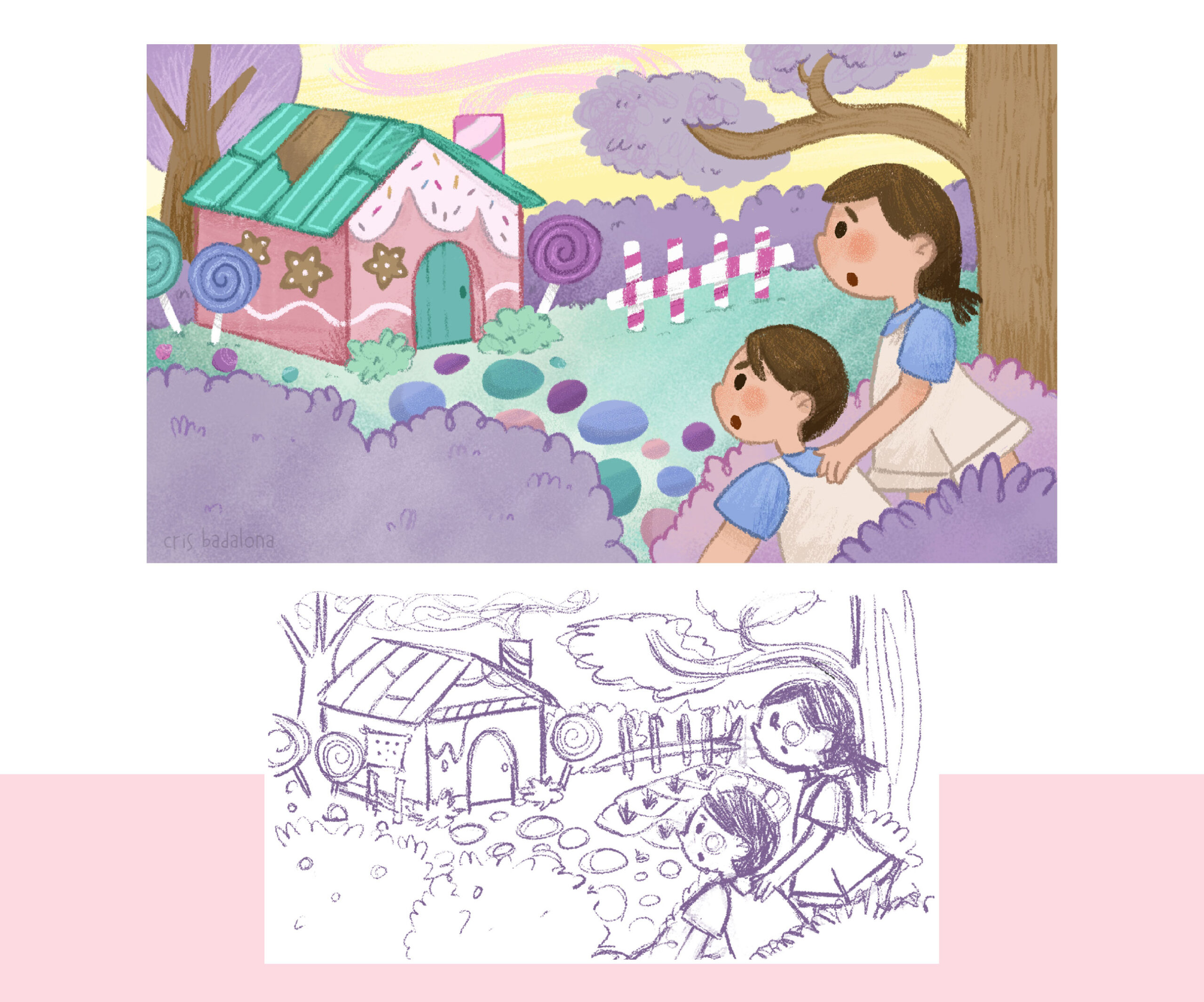 Boceto e ilustración de Hansel y Gretel encontrando la casa de la bruja