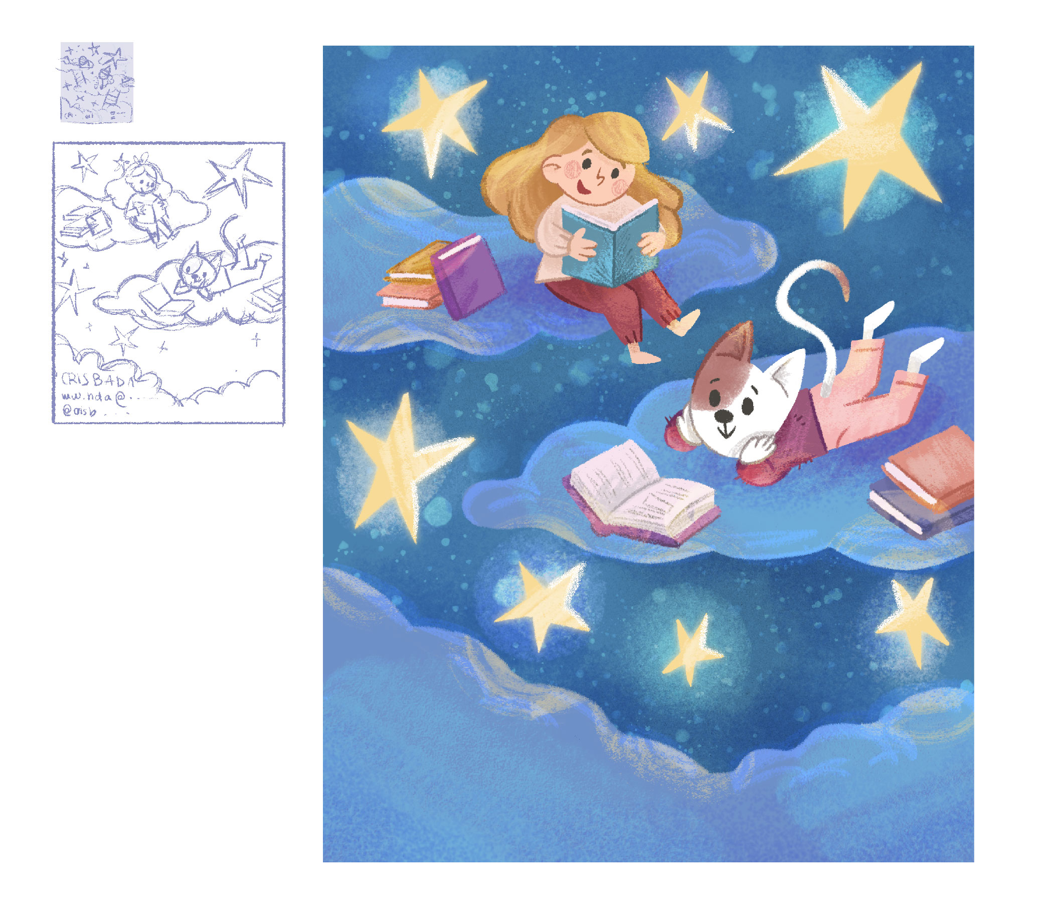 Bocetos e ilustración infantil de una niña y un gato leyendo libros sentados en unas nubes bajo un cielo estrellado
