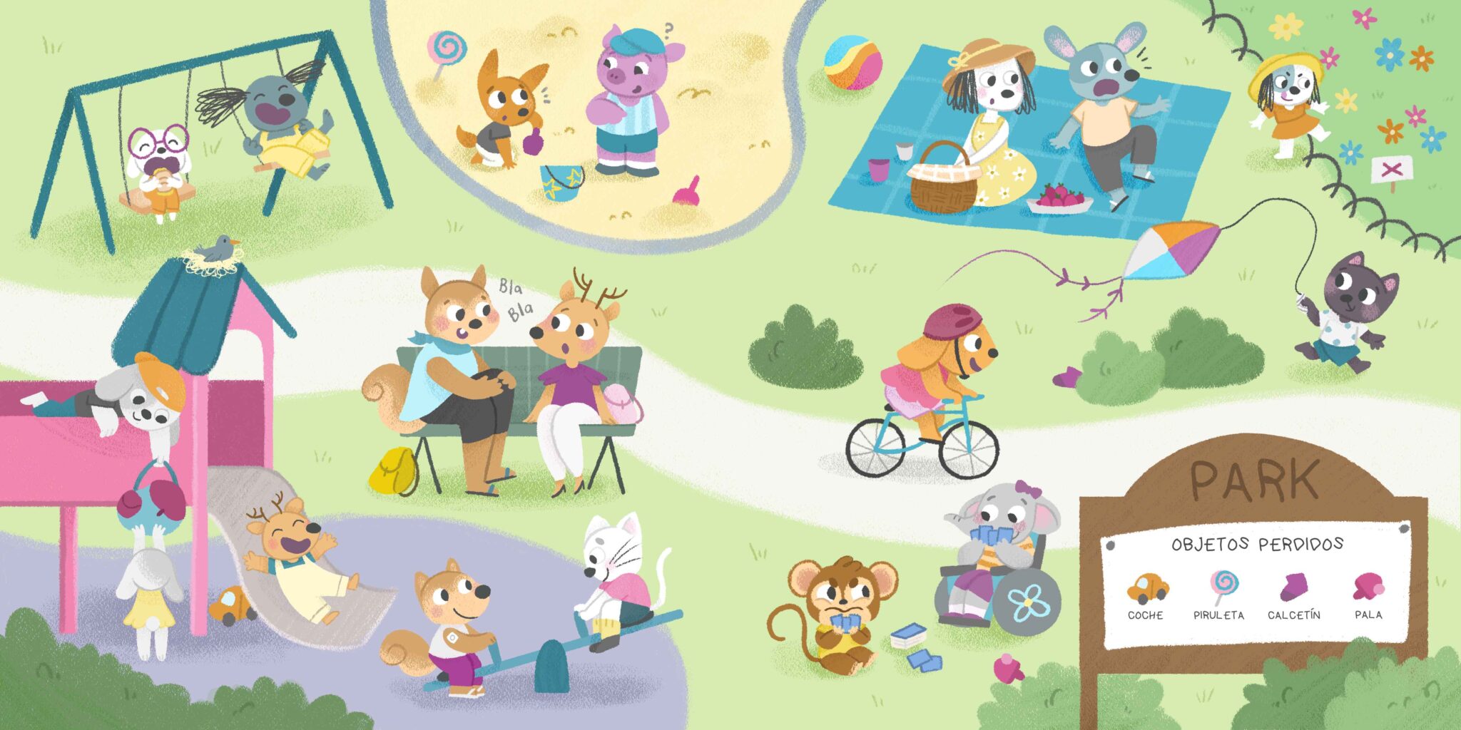 Un busca y encuentra para niños sobre unos animales en el parque