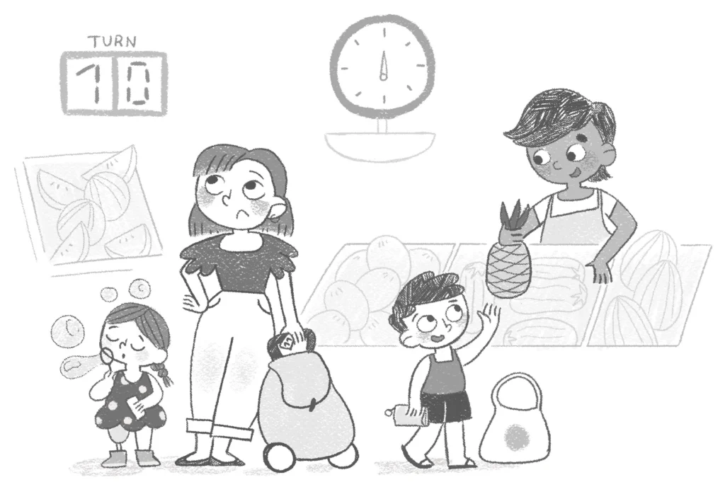 Escena inclusiva de un mercado: comprando fruta esperando su turno