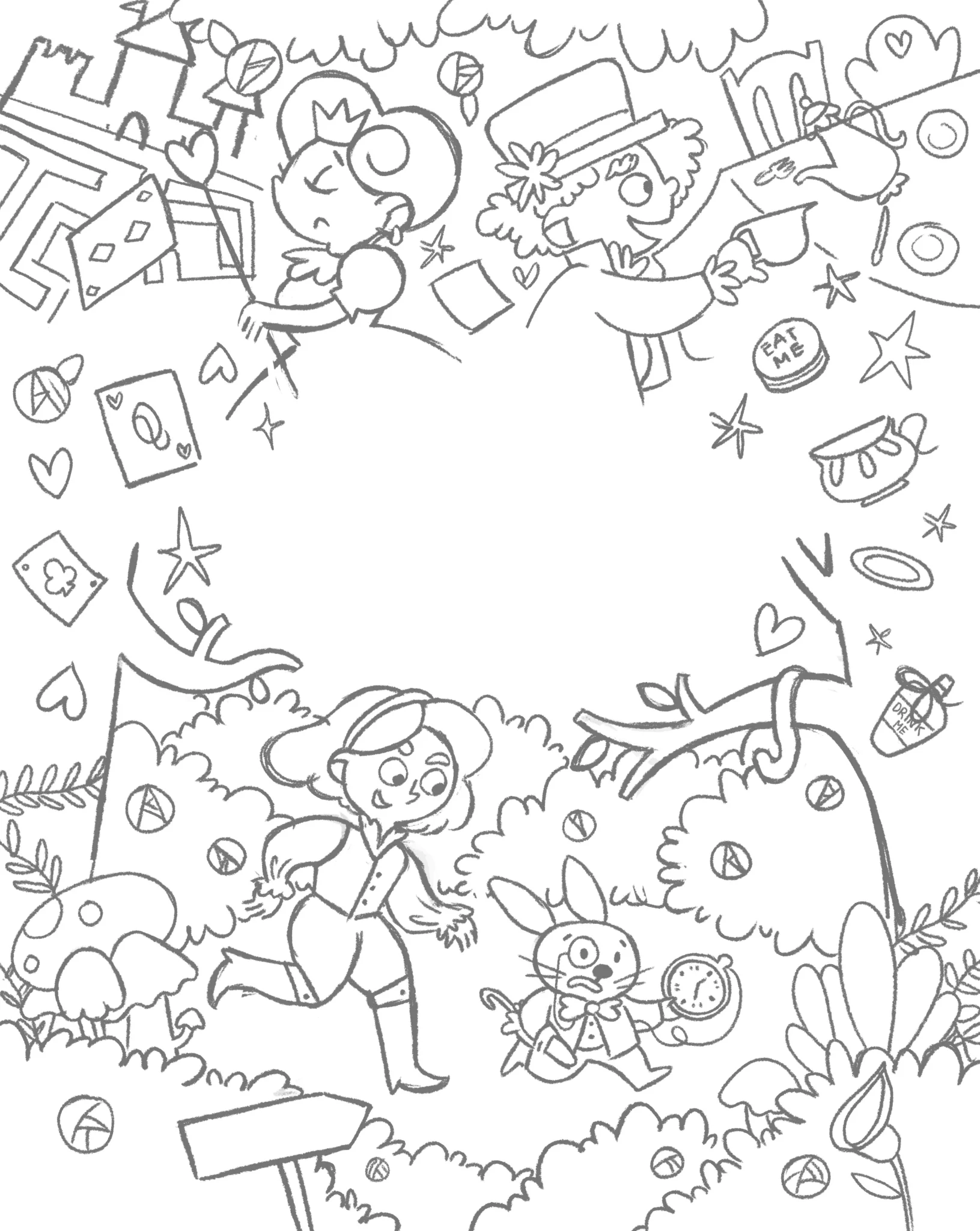 Boceto Portada alternatiava del clasico cuento alicia en el país de las maravillas