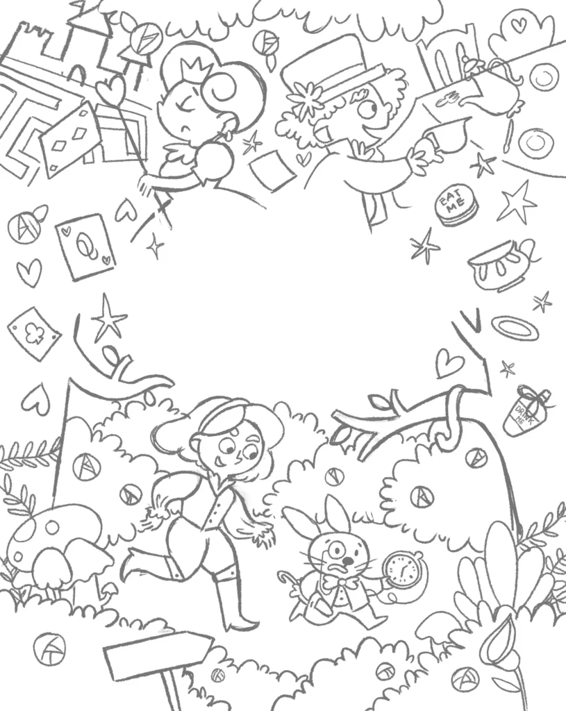 Boceto Portada alternatiava del clasico cuento alicia en el país de las maravillas